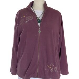 Wms 1X Purple Fleece Zip Up Jacket Embroidered Winter Scene Novelty Grandmacore